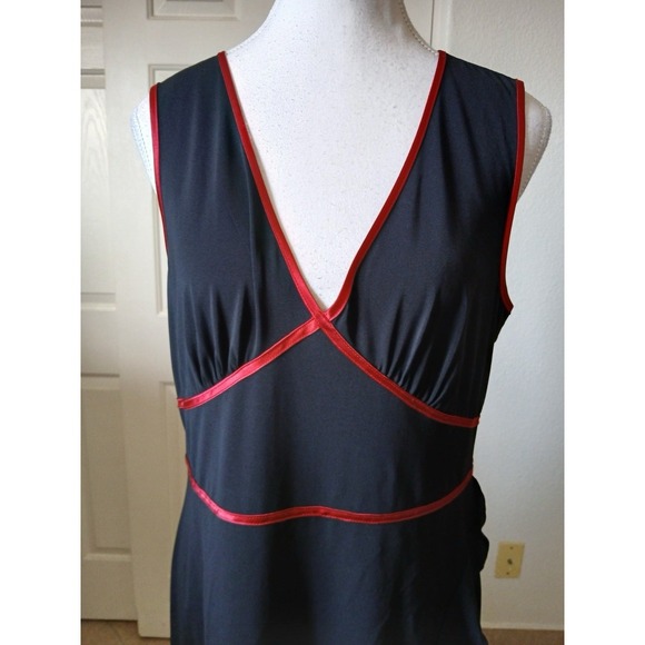 INC Womens Black Red Trim Midi Dress Asymmetrical Ruffle Hem Y2K Style Size L - Picture 3 of 15